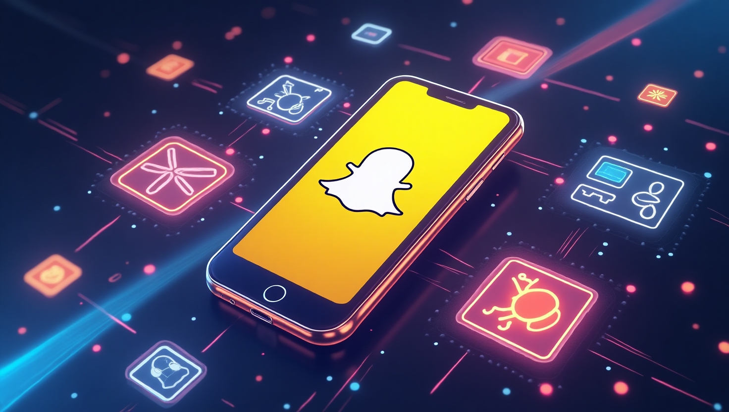 Snapchat mise tout sur l’IA avec Footsteps et ses nouveaux filtres révolutionnaires Illustration carrée en style futuriste et dynamique, représentant un smartphone avec l'application Snapchat en arrière-plan, affichant une carte interactive avec des empreintes digitales ou traces lumineuses symbolisant la fonction Footsteps, entouré de filtres IA en formes holographiques mouvantes et interactives, ambiance innovante et high-tech, palette VidForger (#54387D, #3E408D, #3C579D, #47C0B4, #58A17B, #80D07E, #A5DA6F, #E1A65F, #EFCA5E, #EBE263).