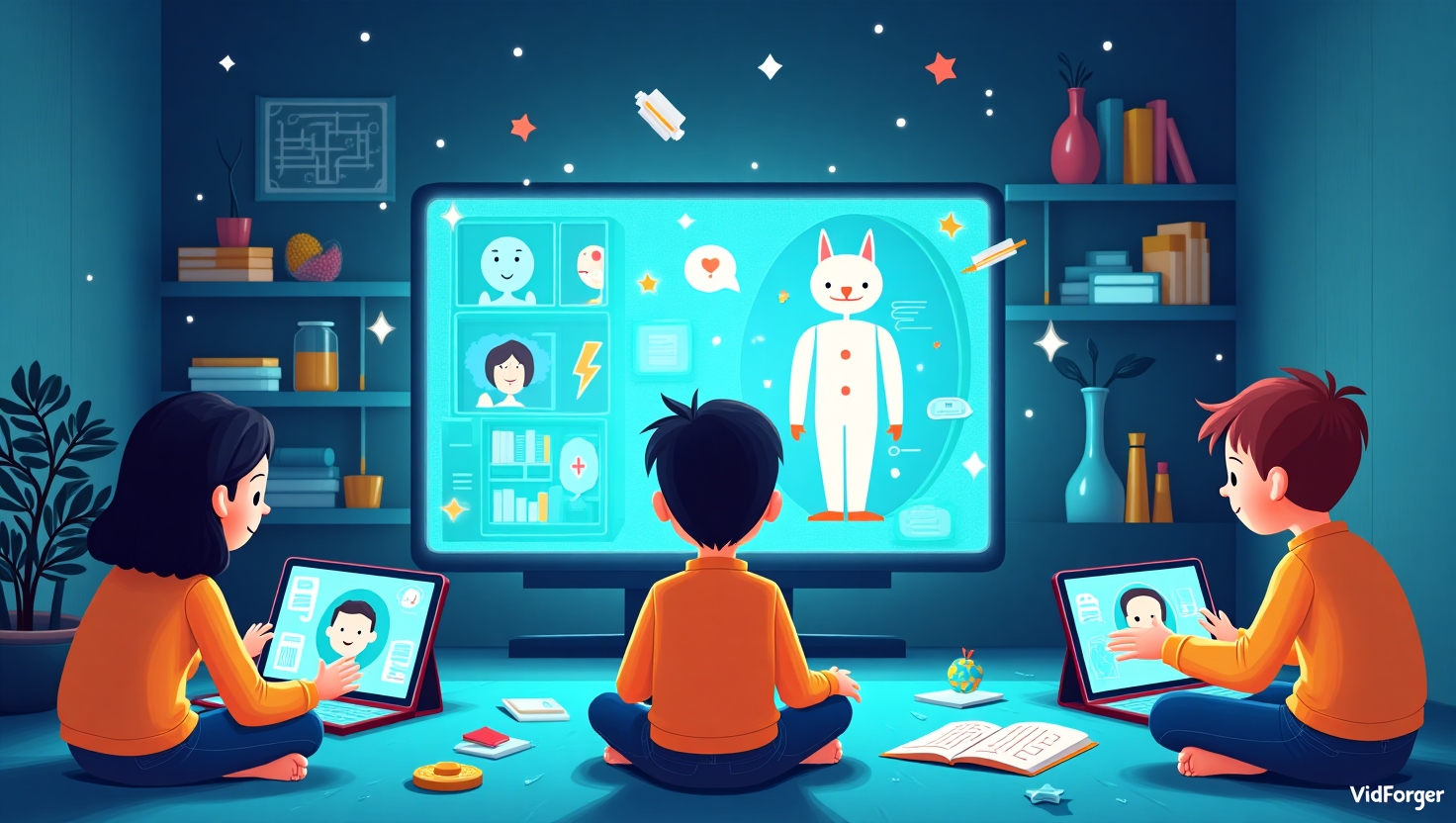 YouTube Kids teste les vidéos IA : révolution ou catastrophe annoncée ? Illustration carrée en style illustratif moderne représentant une scène d’un environnement numérique enfantin avec des écrans de tablets ou de télévisions affichant des vidéos générées par intelligence artificielle, des enfants émerveillés, et des éléments symbolisant la créativité et la technologie, ambiance à la fois ludique et critique, palette VidForger (#54387D, #3E408D, #3C579D, #47C0B4, #58A17B, #80D07E, #A5DA6F, #E1A65F, #EFCA5E, #EBE263).