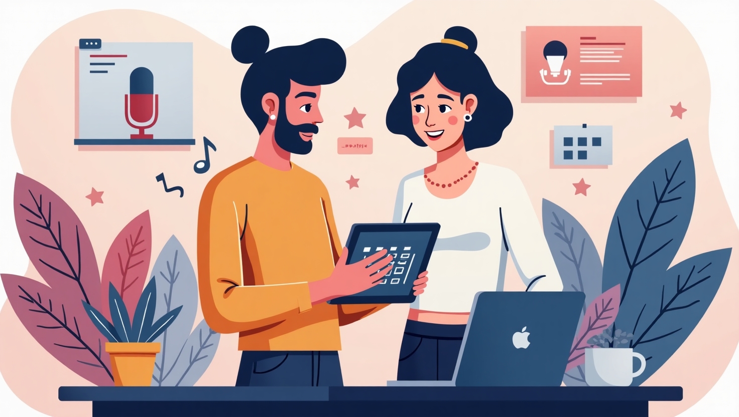 Optimiser la voix off de vos vidéos IA : astuces et techniques 2025 Illustration carrée en style moderne et pédagogique représentant un créateur ou un professionnel utilisant une tablette ou un ordinateur portable avec une interface d’édition audio visible, entouré d’éléments visuels symbolisant la voix off : ondes sonores, microphones stylisés et notes musicales, dans une ambiance claire et inspirante. L’image intègre une palette de couleurs douce et professionnelle inspirée des teintes #54387D, #3E408D, #3C579D, #47C0B4, #58A17B, #80D07E, #A5DA6F, #E1A65F, #EFCA5E, #EBE263, pour refléter la technologie avancée et la créativité de l’article sur l’optimisation vocale IA pour 2025.