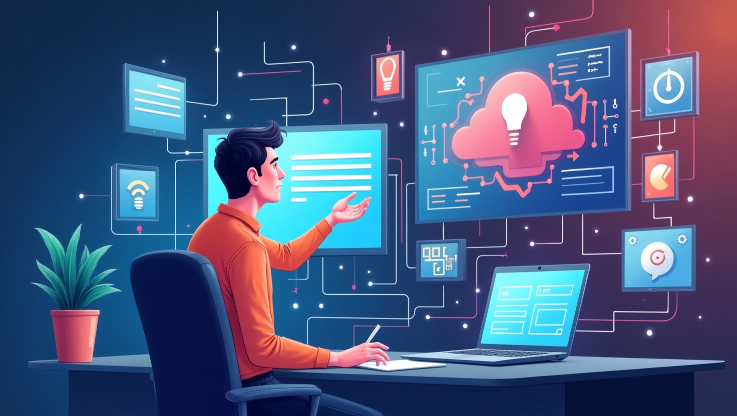 5 étapes pour automatiser votre routine vidéo grâce à l’IA Illustration carrée en style moderne et épuré représentant un professionnel ou un créateur de contenu entouré d’écrans et d’éléments visuels symbolisant l’automatisation et l’intelligence artificielle, tels que des circuits, des flèches en mouvement, et des icônes de vidéo automatisée. L’ambiance doit évoquer la fluidité, l’efficacité et la technologie avancée. Utiliser une palette de couleurs inspirée de la marque : #54387D, #3E408D, #3C579D, #47C0B4, #58A17B, #80D07E, #A5DA6F, #E1A65F, #EFCA5E, #EBE263.