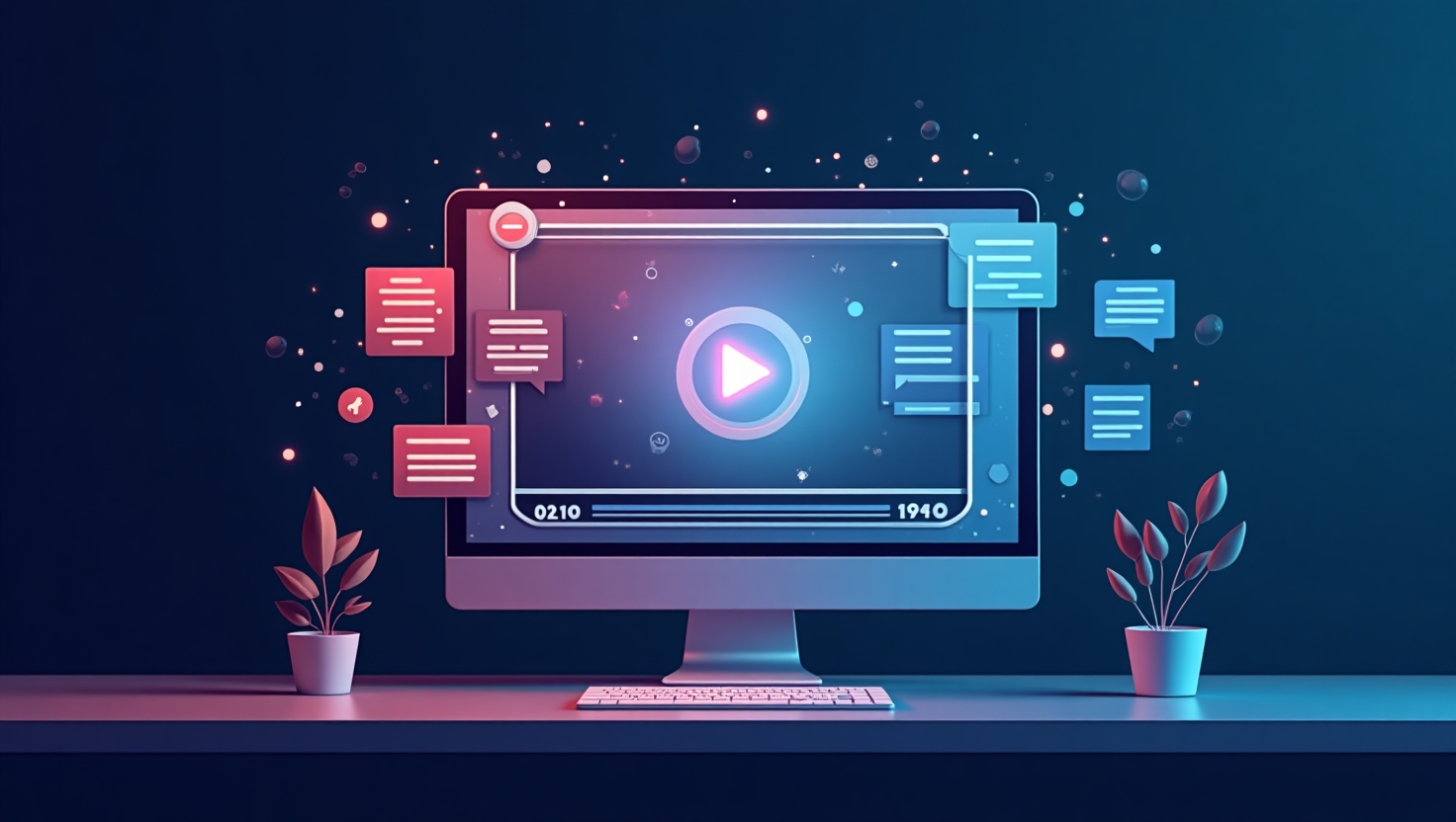 YouTube lance son IA de résumé : la révolution qui va transformer votre rapport aux vidéos longues Illustration carrée en style moderne et technologique représentant un écran d'ordinateur ou une interface vidéo avec une vidéo longue en cours, accompagnée d'une superposition de résumés automatiques sous forme de blocs de texte ou d'icônes, symbolisant l'intelligence artificielle en action, ambiance innovante et professionnelle, palette de couleurs inspirée de VidForger (#54387D, #3E408D, #3C579D, #47C0B4, #58A17B, #80D07E, #A5DA6F, #E1A65F, #EFCA5E, #EBE263).