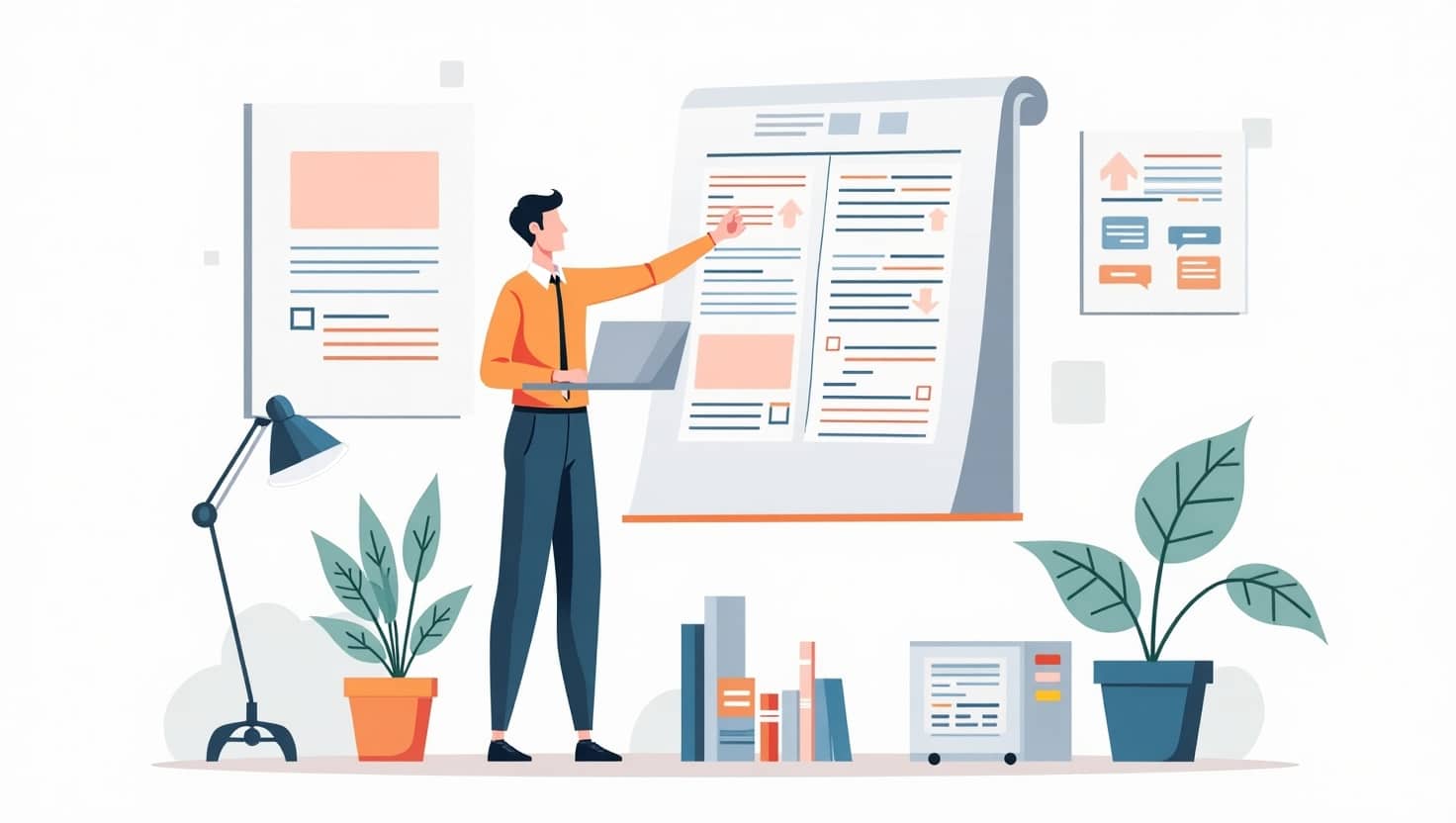 Illustration carrée en style modernisé et pédagogique représentant un expert ou un créateur travaillant sur un grand tableau blanc numérique affichant des schémas et des scripts vidéo, entouré d’éléments visuels illustrant la structuration logique, les étapes clés, et l’efficacité narrative, ambiance professionnelle, inspirante et claire, palette de couleurs intégrant #54387D, #3E408D, #3C579D, #47C0B4, #58A17B, #80D07E, #A5DA6F, #E1A65F, #EFCA5E, #EBE263.