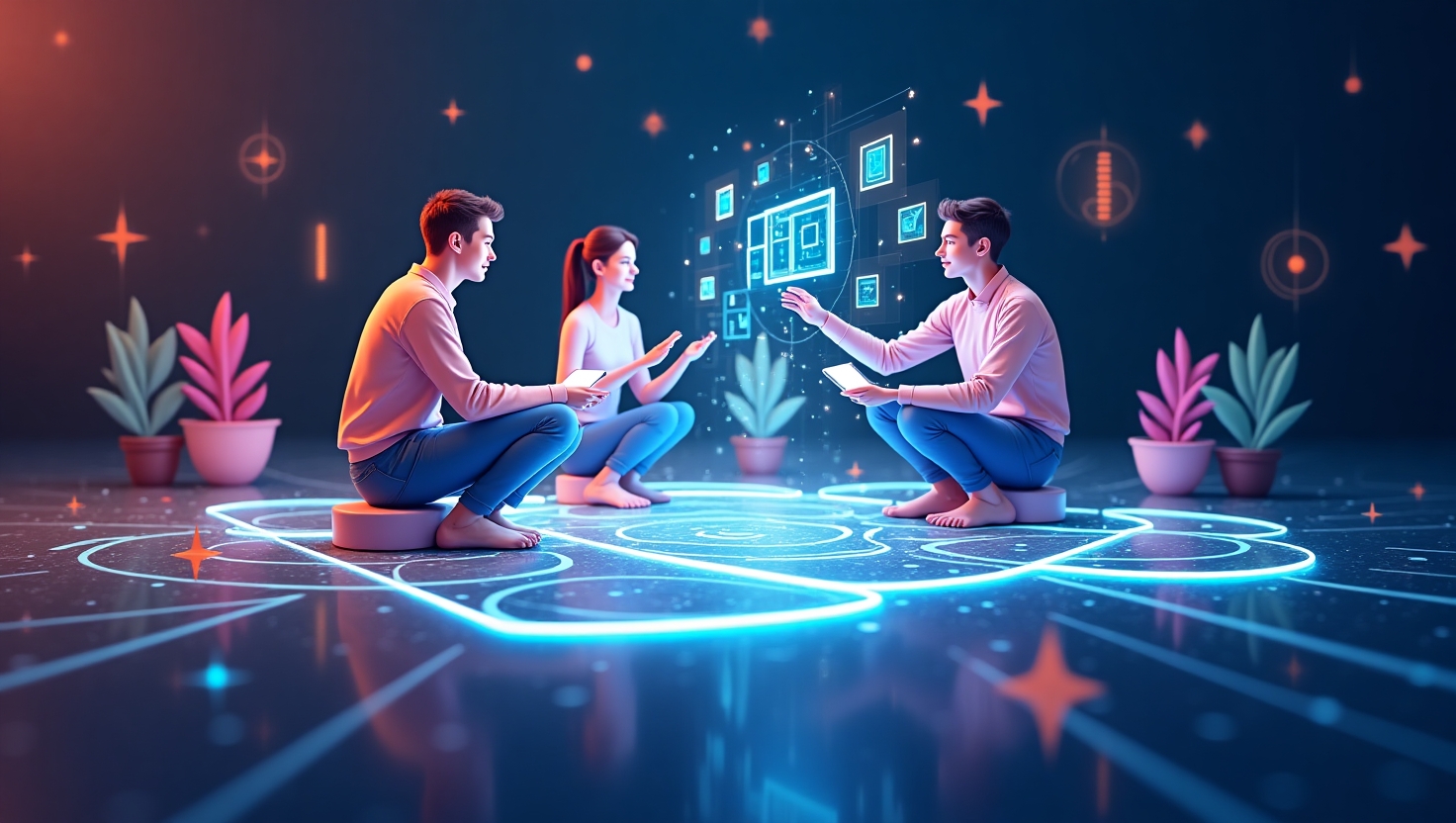 YouTube révolutionne la création : les Shorts collaboratifs en temps réel débarquent Illustration carrée en style numérique moderne et dynamique représentant plusieurs créateurs de contenu collaborant en temps réel sur une interface virtuelle holographique, avec des éléments visuels évoquant la synchronisation, la créativité collective et l'innovation technologique, ambiance inspirante et futuriste, palette VidForger (#54387D, #3E408D, #3C579D, #47C0B4, #58A17B, #80D07E, #A5DA6F, #E1A65F, #EFCA5E, #EBE263).