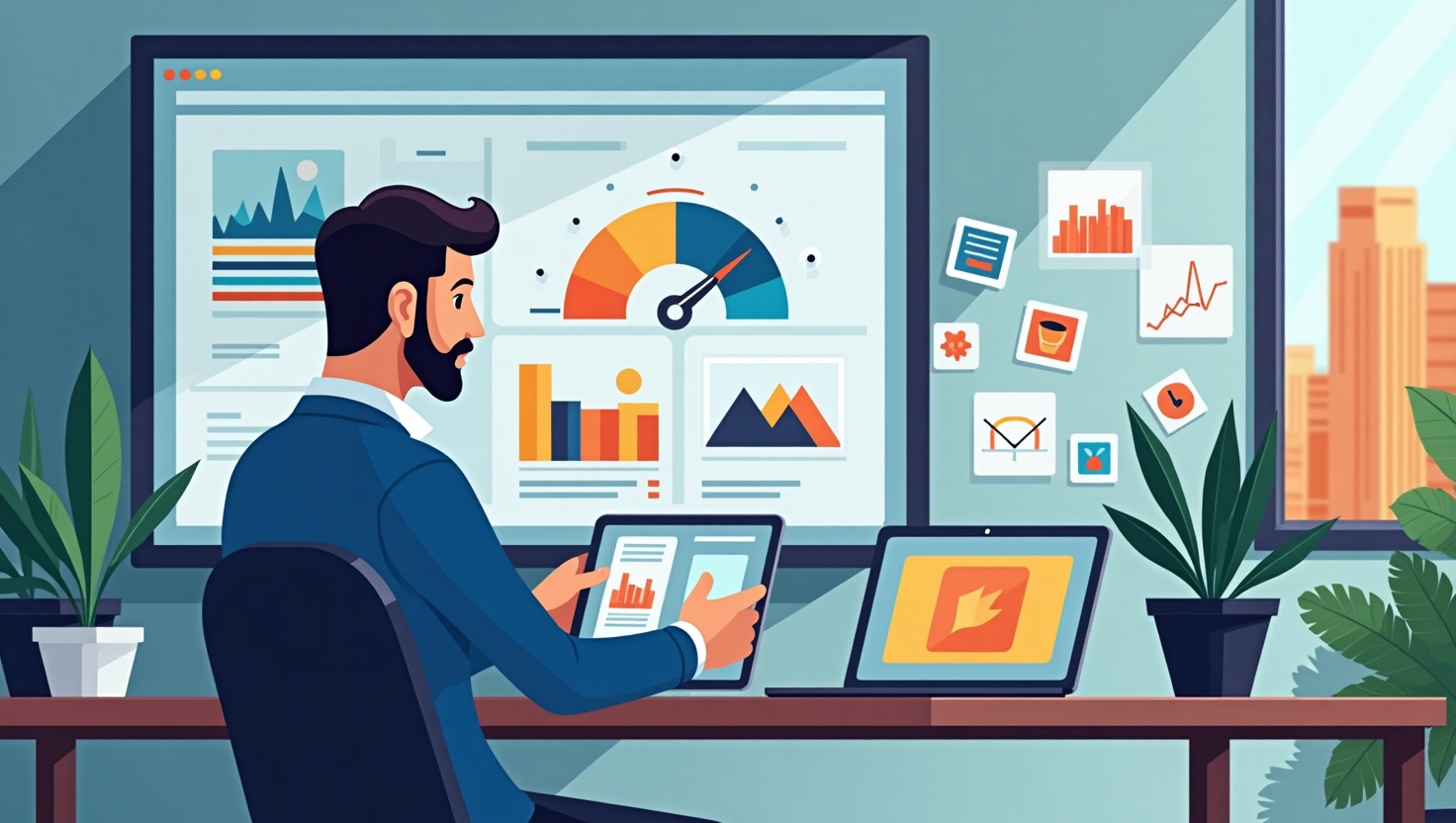 Comment créer des b-roll performants avec l’IA : méthodes, pièges et bonnes pratiques Illustration carrée en style réaliste ou semi-réaliste représentant un créateur vidéo dans un environnement moderne, utilisant une tablette ou un ordinateur portable affichant des séquences vidéo générées par IA, avec des plans divers et des effets de transition flottant autour, symbolisant la conception de b-roll. Ambiance professionnelle, didactique, et innovante, avec une palette de couleurs inspirée de VidForger (#54387D, #3E408D, #3C579D, #47C0B4, #58A17B, #80D07E, #A5DA6F, #E1A65F, #EFCA5E, #EBE263). Ajouter des éléments visuels évoquant la rapidité, la cohérence visuelle, et la diversité des contenus vidéos, pour illustrer la simplicité et l'efficacité des techniques avec l'IA dans la création de b-roll.