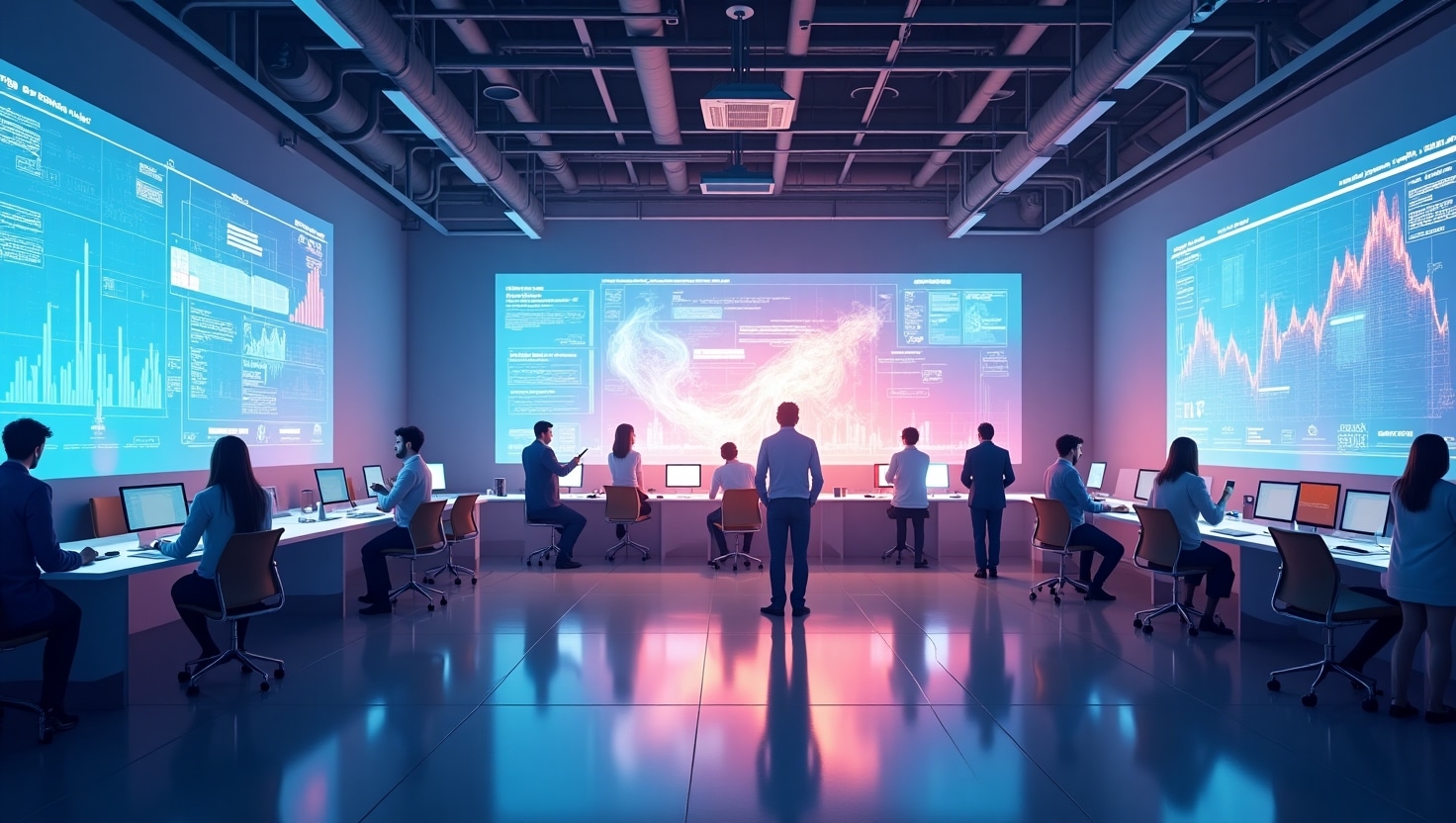 Illustration carrée en style semi-réaliste moderne représentant un grand centre de formation avec des employés diversifiés interagissant avec des écrans holographiques affichant des vidéos digitales dynamiques. L'ambiance est innovante, inspirante et professionnelle, évoquant la révolution numérique dans la formation, avec une palette de couleurs inspirée de la marque VidForger (#54387D, #3E408D, #3C579D, #47C0B4, #58A17B, #80D07E, #A5DA6F, #E1A65F, #EFCA5E, #EBE263).