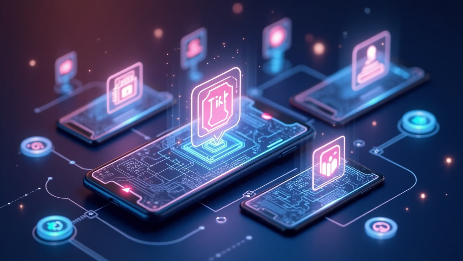 TikTok lance son label IA : la révolution de la transparence vidéo commence maintenant Illustration d'une scène moderne en style numérique et futuriste, représentant des écrans de smartphones affichant des vidéos TikTok avec un badge de certification visible, entourés de symboles d'intelligence artificielle tels que des circuits, des icônes de traçabilité et des hologrammes, ambiance innovante et transparente, palette de couleurs inspirée de VidForger (#54387D, #3E408D, #3C579D, #47C0B4, #58A17B, #80D07E, #A5DA6F, #E1A65F, #EFCA5E, #EBE263), style dynamique et clair, format paysage.