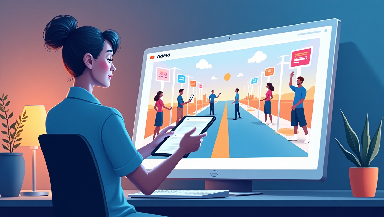 Comment créer des vidéos interactives personnalisées en IA sans coder : méthode 2025 Illustration d'une scène moderne et immersive en style digital pédagogique, représentant une personne ou un groupe de créateurs concevant une vidéo interactive sur une tablette ou un écran, entourés d'éléments visuels symbolisant l'IA, l'interactivité et la personnalisation, tels que des chemins narratifs, des questions, des options de choix, avec une ambiance professionnelle, claire et innovante, palette VidForger (#54387D, #3E408D, #3C579D, #47C0B4, #58A17B, #80D07E, #A5DA6F, #E1A65F, #EFCA5E, #EBE263), style illustration digitale moderne et pédagogique, orientée vers la conception sans technique, en format paysage.