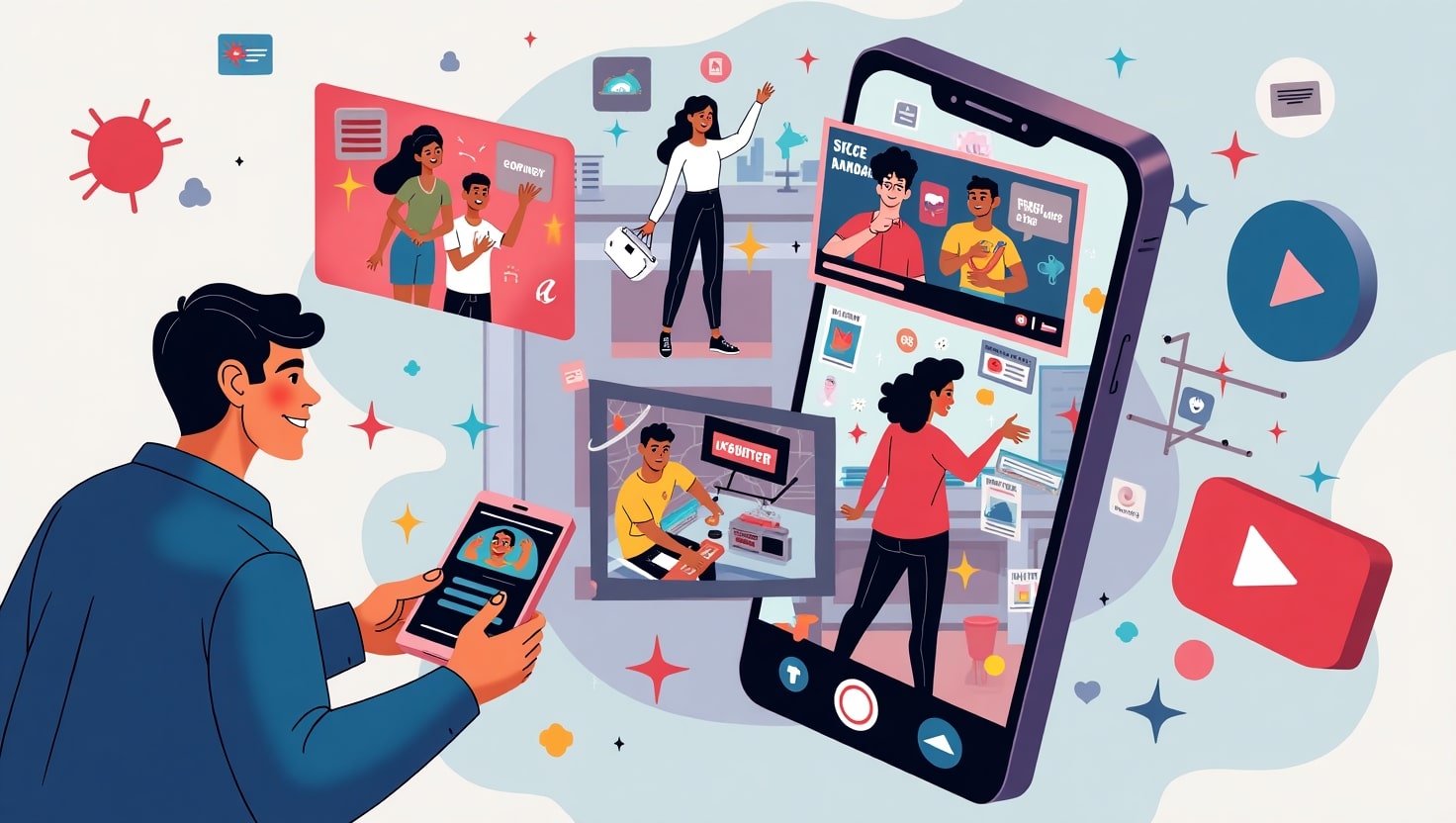 TikTok octobre 2025 : 5 nouvelles tendances vidéo qui révolutionnent le game Illustration dynamique en style moderne et coloré représentant un smartphone montrant différentes scènes de vidéos TikTok en pleine viralité, avec des personnages créant des contenus engagés et créatifs, des éléments visuels symbolisant la tendance, la famille de formats variés comme 'Go Crazy' et 'The Man I Need', dans une ambiance vibrante et inspirante, palette de couleurs inspirée de VidForger (#54387D, #3E408D, #3C579D, #47C0B4, #58A17B, #80D07E, #A5DA6F, #E1A65F, #EFCA5E, #EBE263), style illustration moderne et dynamique, format paysage.