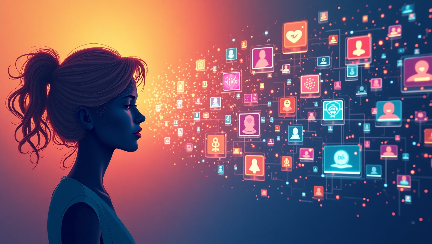 Ces vidéos IA qui explosent sans raison : décryptage d’un phénomène viral déconcertant Illustration dynamique en style moderne et numérique représentant une jonglerie de petites vidéos générées par intelligence artificielle autour d'une silhouette humaine expressive, symbôle des tendances virales imprévisibles, dans un univers vibrant et coloré utilisant une palette inspirée de la marque avec des teintes comme #54387D, #3E408D, #3C579D, #47C0B4, #58A17B, #80D07E, #A5DA6F, #E1A65F, #EFCA5E, #EBE263, capturant l’énergie chaotique et surprenante des phénomènes viraux, ambiance moderne, illustration détaillée, format carré.