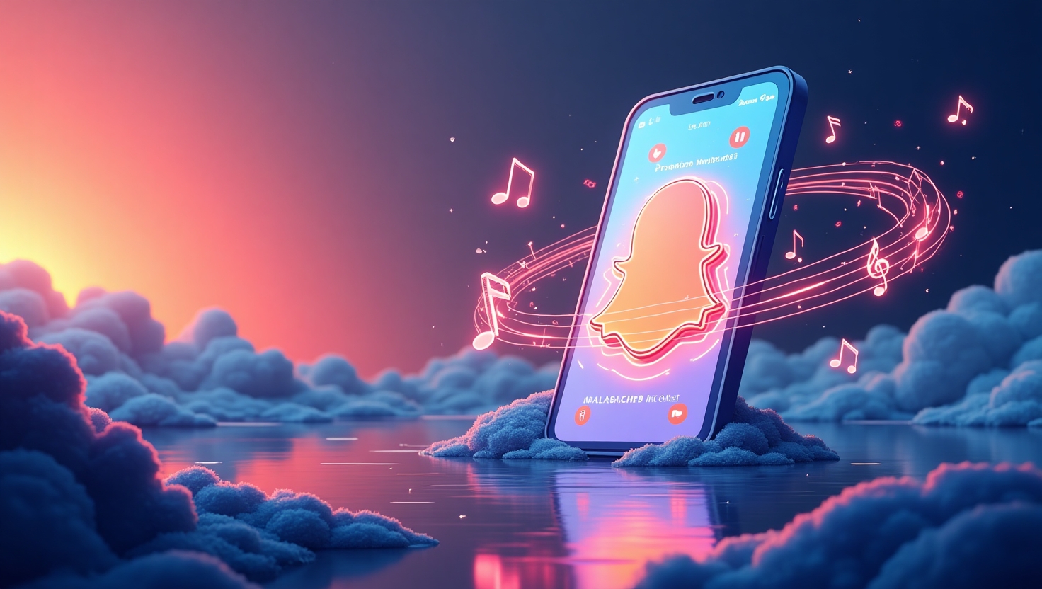 Snapchat Music Promo : la révolution qui va changer la donne pour les créateurs vidéo Illustration dynamique et moderne en style numérique représentant un smartphone Snapchat affichant une interface de promotion musicale, avec des éléments visuels évoquant la musique originale, des vidéos créatives et l'intégration par intelligence artificielle. Inclure des symboles de collaboration et d'innovation, comme des notes de musique flottant autour de l'écran, des graphismes futuristes, et une ambiance inspirante pour illustrer la révolution dans la création vidéo et musicale. Palette de couleurs inspirée de la marque VidForger (#54387D, #3E408D, #3C579D, #47C0B4, #58A17B, #80D07E, #A5DA6F, #E1A65F, #EFCA5E, #EBE263), style illustration numérique, format paysage, ambiance dynamique et innovante.