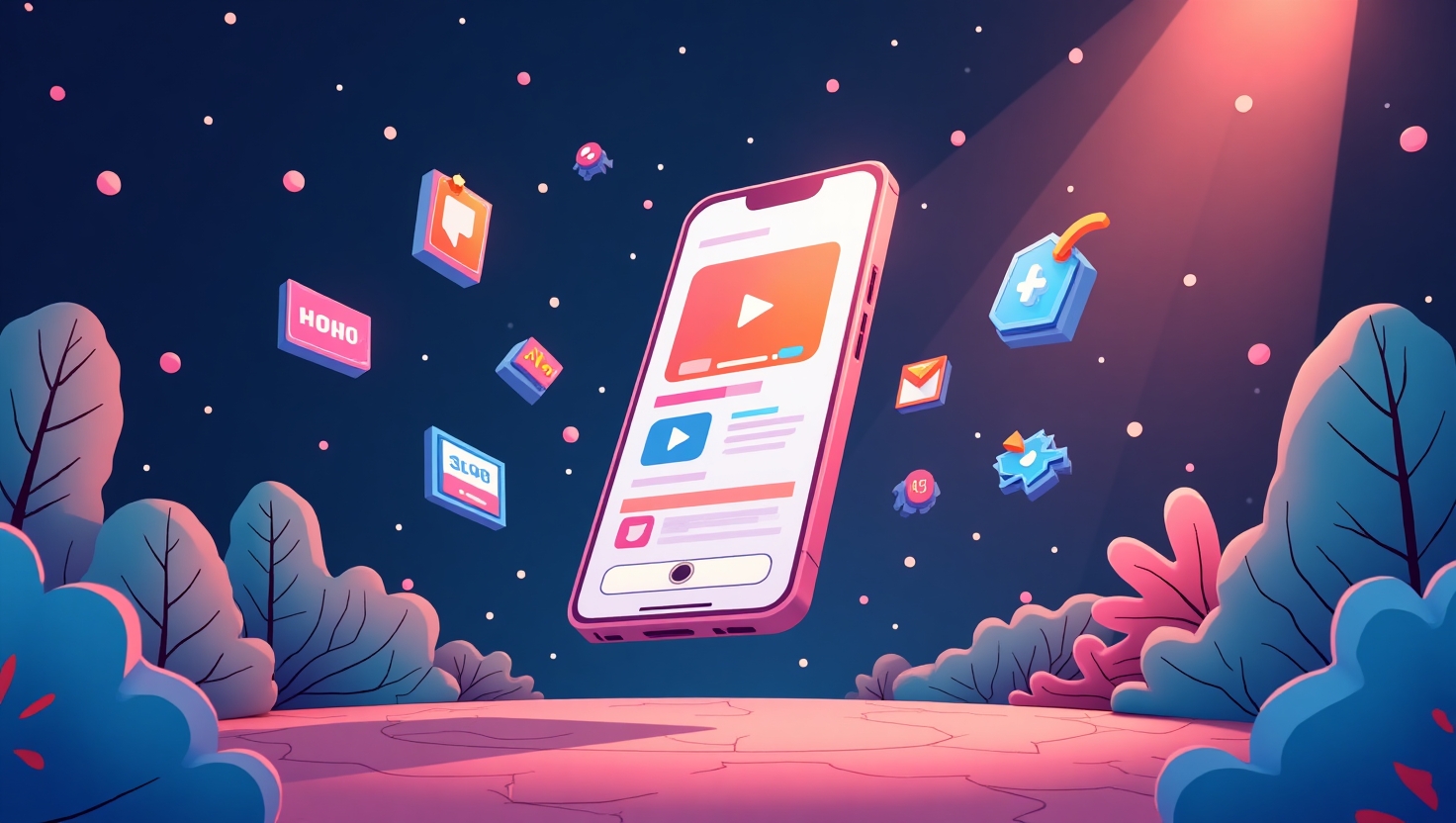 Illustration dynamique et moderne représentant un smartphone avec une interface d'édition vidéo ultra-courte, entouré d'effets IA instantanés, de petites vignettes de vidéos de moins de 15 secondes, et d'éléments visuels évoquant la créativité rapide et l'innovation, dans un style illustratif numérique éclatant, évoquant l'univers des réseaux sociaux comme TikTok, Instagram Reels et YouTube Shorts. La scène doit transmettre une ambiance innovante, jeune et inspirante, avec un focus sur la rapidité, la spontanéité et la puissance créative de l'IA, en utilisant une palette de couleurs inspirée de VidForger (#54387D, #3E408D, #3C579D, #47C0B4, #58A17B, #80D07E, #A5DA6F, #E1A65F, #EFCA5E, #EBE263).
