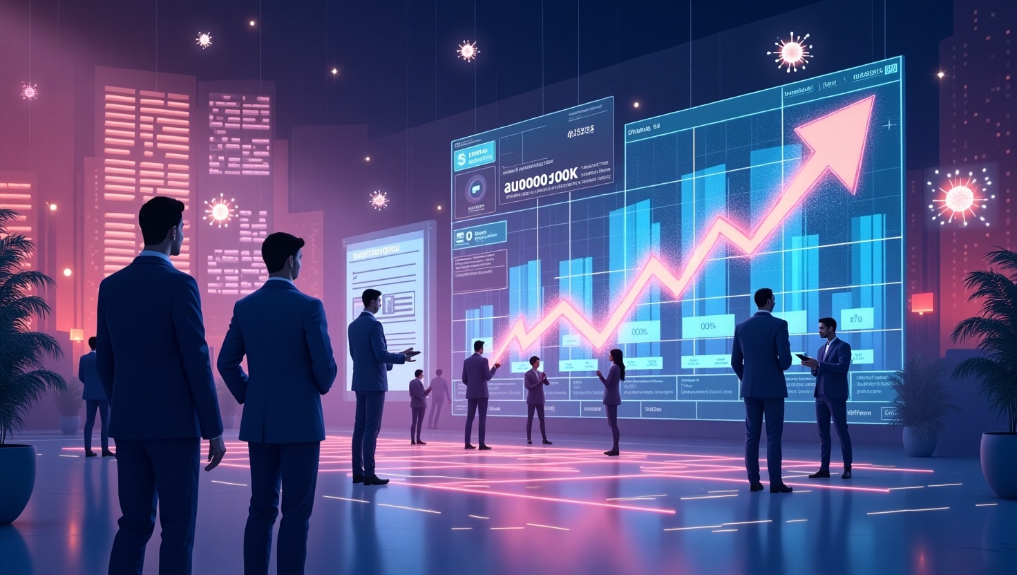 Illustration dynamique et moderne représentant une scène futuriste avec des créateurs de contenu utilisant des appareils holographiques et des écrans numériques, affichant des graphiques de croissance exponentielle, des icônes de viralité et des éléments visuels évoquant l’intelligence artificielle, dans un style numérique et professionnel, ambiance innovante et enthousiasmante, palette de couleurs inspirée de la marque VidForger (#54387D, #3E408D, #3C579D, #47C0B4, #58A17B, #80D07E, #A5DA6F, #E1A65F, #EFCA5E, #EBE263), format paysage.