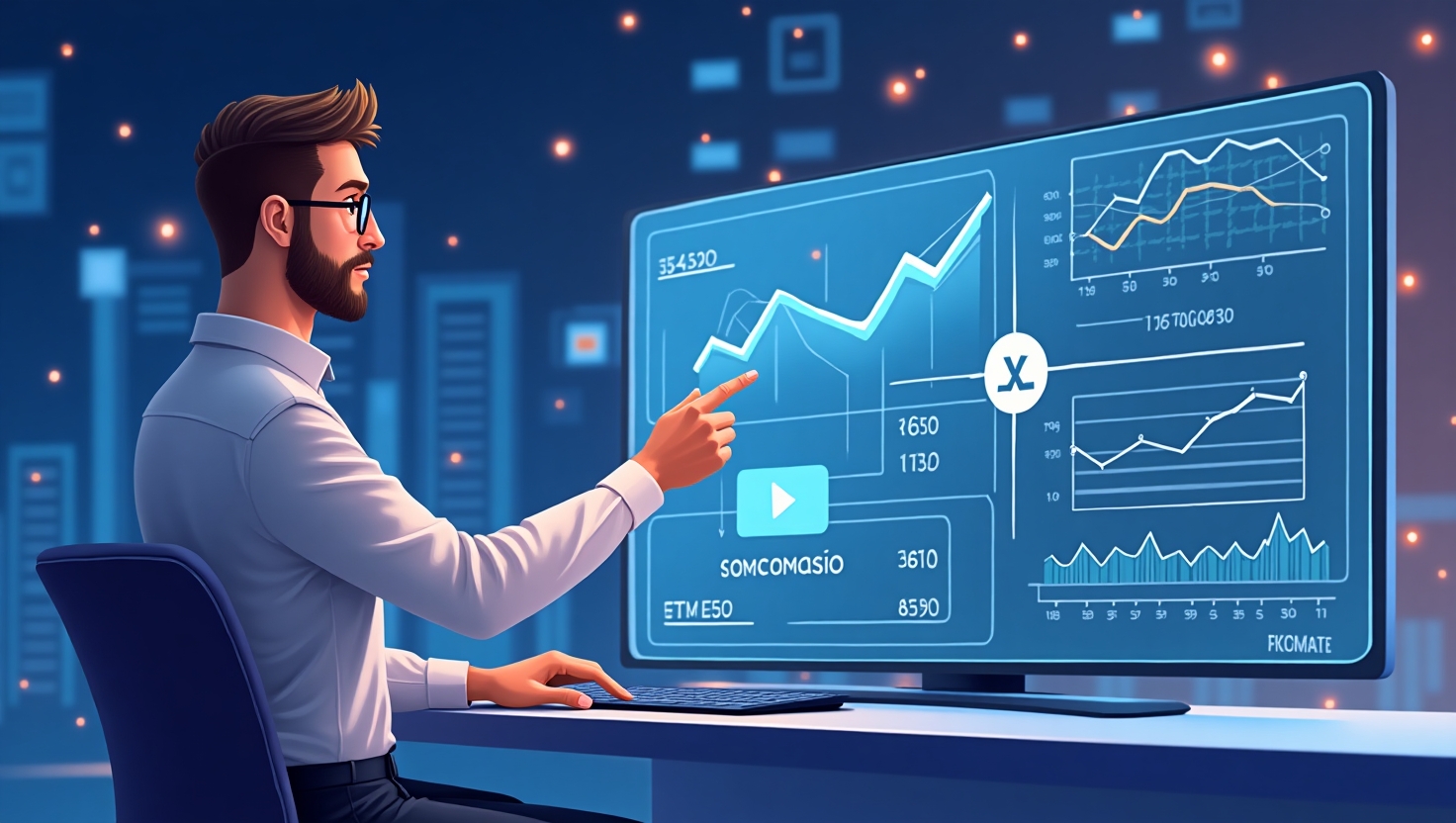 Illustration moderne en style réaliste ou semi-flat représentant une scène où un professionnel interagit avec une interface d'analyse vidéo avancée sur un grand écran ou un tableau numérique, avec des éléments visuels comme des vagues de données, des timestamps, des légendes automatiques et des graphiques, symbolisant la révolution de l'intelligence artificielle dans la gestion de contenus visuels en 2025, ambiance pédagogique et innovante, palette de couleurs inspirée de VidForger (#54387D, #3E408D, #3C579D, #47C0B4, #58A17B, #80D07E, #A5DA6F, #E1A65F, #EFCA5E, #EBE263), rendu clair et professionnel, format paysage.