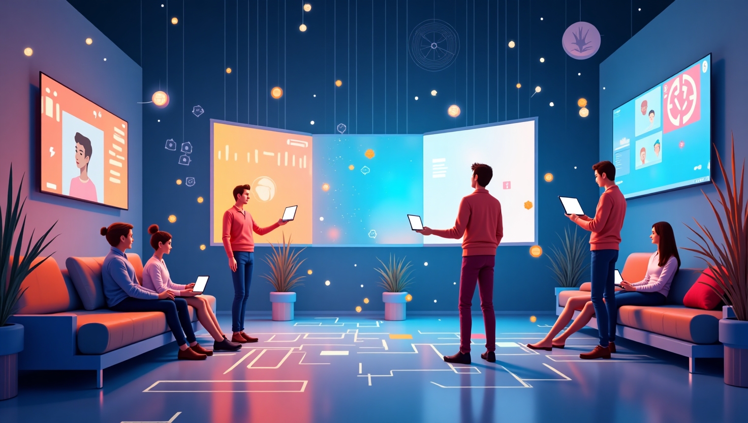 X déploie la vidéo 4K native pour tous : game changer ou simple rattrapage ? Illustration moderne et dynamique en style réaliste ou semi-réaliste représentant une scène vibrante de créateurs de contenu utilisant une plateforme sociale sur des dispositifs numériques, avec des éléments visuels évoquant la vidéo 4K haute définition, tels que des écrans ultra-net et des flux vidéo en haute résolution, intégrés dans un environnement technologique et connecté, ambiance innovante et compétitive. La palette de couleurs doit s'inspirer des tons de la marque, notamment #54387D, #3E408D, #3C579D, #47C0B4, #58A17B, #80D07E, #A5DA6F, #E1A65F, #EFCA5E, #EBE263, pour souligner la modernité et la qualité premium.