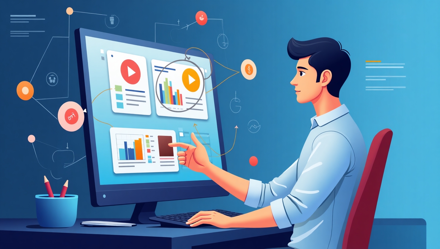 Comment exploiter l’analyse automatique de vidéos IA pour booster vos contenus Illustration moderne et dynamique représentant un créateur de contenu en train d’analyser une vidéo numérique holographique ou en réalité augmentée, entouré d’éléments visuels symbolisant la transcription, les moments-clés, et l’engagement, avec des graphiques et des icônes technologiques intégrés. L’ambiance doit évoquer l’innovation et la transformation digitale, avec une palette de couleurs inspirée de la marque VidForger (#54387D, #3E408D, #3C579D, #47C0B4, #58A17B, #80D07E, #A5DA6F, #E1A65F, #EFCA5E, #EBE263), en style flat design et illustratif, format carré pour une utilisation flexible.