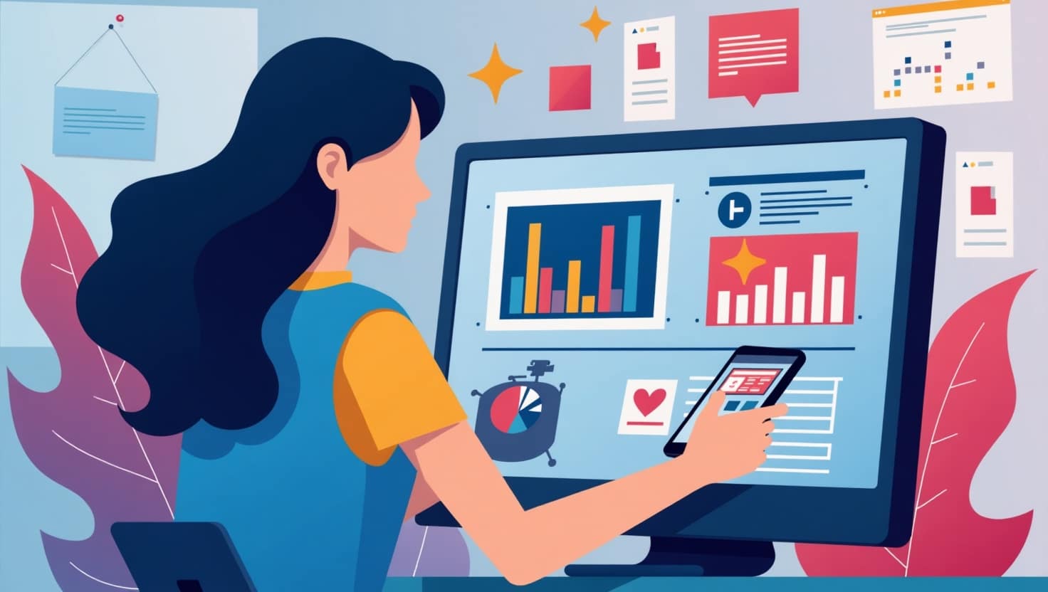 Snapchat Révolutionne sa Stratégie Créateur : Timeline Editor et Analytics Dopés aux Stéroïdes Illustration moderne et dynamique représentant un créateur de contenu utilisant un smartphone avec un écran affichant un éditeur de timeline et des graphiques analytiques en arrière-plan, entouré d'éléments visuels symbolisant la vidéo, la musique, et les effets de réalité augmentée, ambiance innovante et technologique, style flat design avec des couleurs inspirées de la palette VidForger (#54387D, #3E408D, #3C579D, #47C0B4, #58A17B, #80D07E, #A5DA6F, #E1A65F, #EFCA5E, #EBE263).