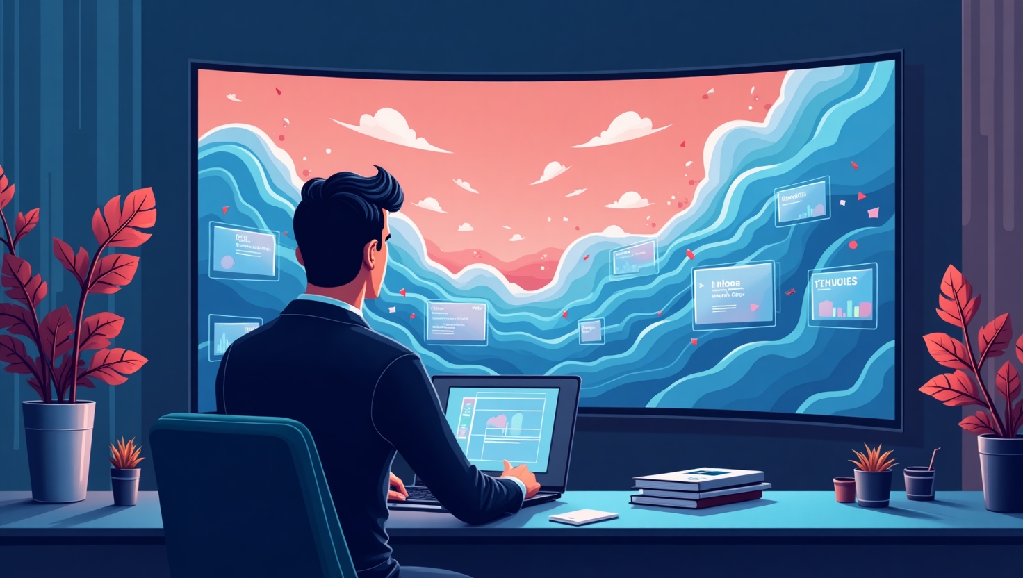 Adobe révolutionne le montage vidéo avec « Generative Extend » IA dans Premiere Pro Illustration moderne et dynamique représentant un monteur vidéo devant un grand écran affichant des segments de vidéos et d'audio s'étendant automatiquement avec des effets fluides, symbolisant l'expansion et la créativité assistée par intelligence artificielle. L'ambiance doit être inspirante et professionnelle, avec des éléments graphiques évoquant la technologie de l'IA, le montage vidéo et la localisation multilingue, intégrant des icônes de sous-titres et de recherche. Style illustration numérique clair et détaillé, couleur dominante inspirée de la palette VidForger (#54387D, #3E408D, #3C579D, #47C0B4, #58A17B, #80D07E, #A5DA6F, #E1A65F, #EFCA5E, #EBE263). Format paysage idéal.