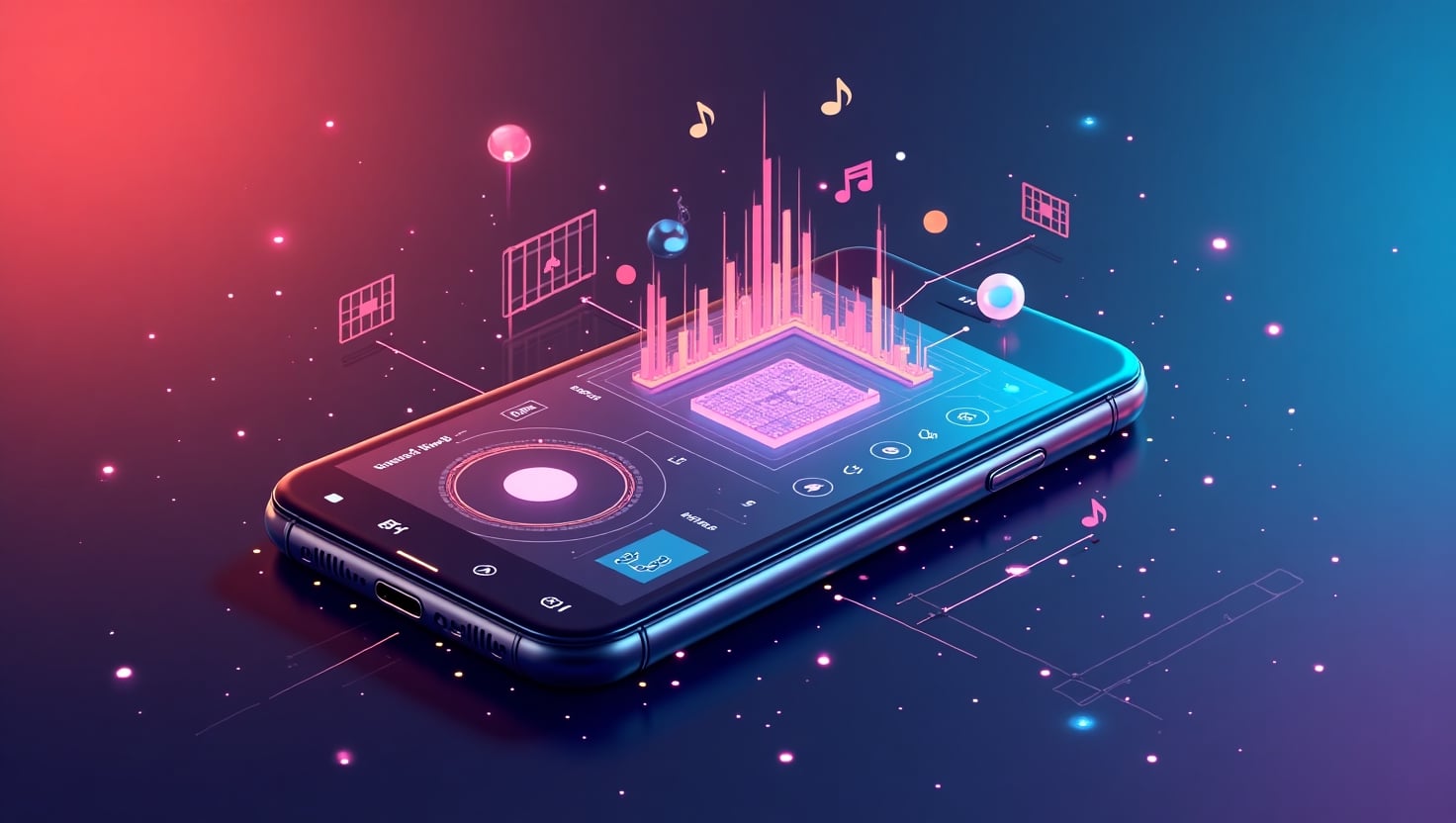 Snapchat lance les sons personnalisés IA : la révolution audio pour vos Stories Illustration moderne et dynamique représentant un smartphone affichant une interface de création audio avec des éléments graphiques de traitement sonore en cours, des vagues d'ondes, des notes de musique et des effets visuels d'IA autour du téléphone. L'ambiance doit évoquer l'innovation technologique et la créativité audio, avec un style conceptuel et inspirant, combinant des couleurs vives inspirées de la palette VidForger (#54387D, #3E408D, #3C579D, #47C0B4, #58A17B, #80D07E, #A5DA6F, #E1A65F, #EFCA5E, #EBE263). La scène doit être résolument orientée vers la modernité et l'interactivité, en format paysage.