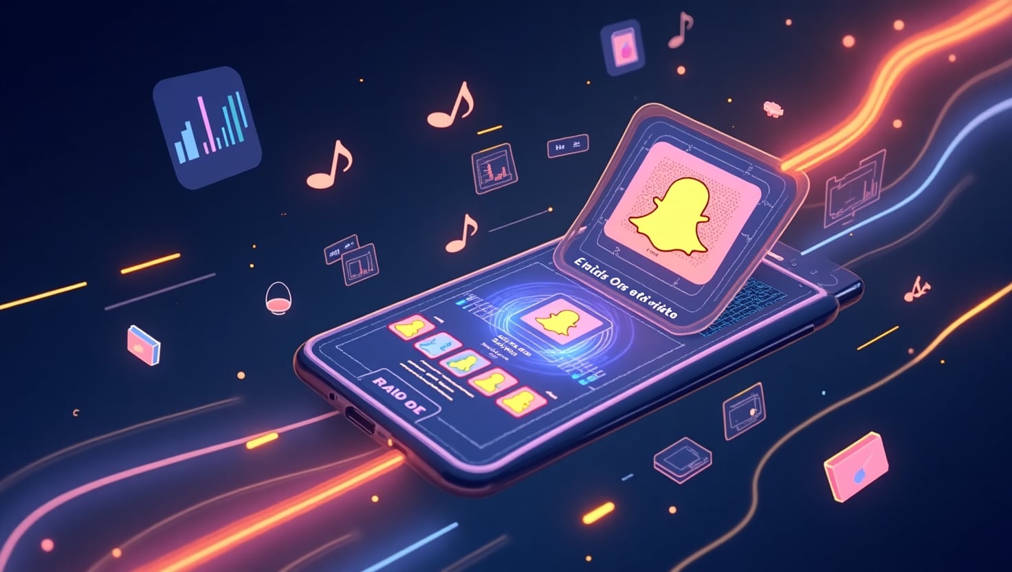 Snapchat révolutionne ses Stories avec une IA qui synchronise automatiquement la musique Illustration moderne et dynamique représentant une interface de création vidéo avec un smartphone affichant une story Snapchat en cours de montage, entourée d’éléments visuels symbolisant l’analyse en temps réel : rayon lumineux traversant la vidéo pour illustrer la synchronisation audio-visuelle, notes de musique flottant autour, oscillateurs et graphismes de rythme, ambiance technologique innovante et immersive, palette de couleurs inspirée de la marque avec #54387D, #3E408D, #3C579D, #47C0B4, #58A17B, #80D07E, #A5DA6F, #E1A65F, #EFCA5E, #EBE263, style illustration moderne et épurée, format paysage.