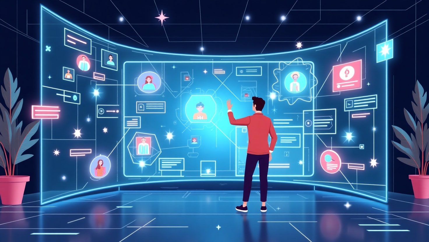 Pourquoi la vidéo IA personnalisée devient le nouveau standard créatif Illustration moderne et dynamique représentant une scène futuriste où un créateur ou une marque interagit avec un large écran holographique affichant des vidéos personnalisées qui se Adaptent en temps réel aux profils des spectateurs, avec des éléments visuels symbolisant l'intelligence artificielle, la personnalisation et l'interactivité. Utilisez un style illustratif numérique coloré, avec une ambiance innovante et inspirante, mettant en avant la fusion entre créativité et technologie, palette de couleurs inspirée de la marque : #54387D, #3E408D, #3C579D, #47C0B4, #58A17B, #80D07E, #A5DA6F, #E1A65F, #EFCA5E, #EBE263. Format paysage, pour souligner l’aspect futuriste et immersif de la tendance.