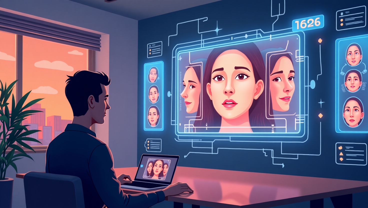 Comment l’IA réinvente le marketing émotionnel en 2025 Illustration moderne et inspirante représentant une scène de marketing émotionnel en 2025, avec une silhouette d'un professionnel ou un créateur de contenu observant un tableau interactif affichant des visages humains exprimant différentes émotions, intégrant des éléments technologiques comme des hologrammes ou interfaces numériques symbolisant la reconnaissance faciale et l'analyse en temps réel. La scène doit évoquer la fusion entre humanité et technologie, dans une ambiance pédagogique et innovante, avec une palette de couleurs inspirée de la marque VidForger (#54387D, #3E408D, #3C579D, #47C0B4, #58A17B, #80D07E, #A5DA6F, #E1A65F, #EFCA5E, #EBE263). Style illustration moderne, clair et accessible, format paysage.