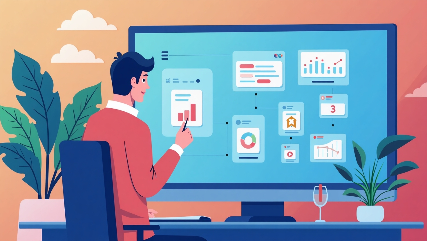 Illustration moderne et épurée représentant une scène stylisée d’un créateur vidéo travaillant devant un grand écran affichant des éléments liés à l’intelligence artificielle, avec des icônes symbolisant la transparence, la balise d’étiquetage, et la génération de contenu IA, dans une ambiance professionnelle et innovante, style flat design ou minimaliste, mettant en avant la confiance et la technologie, palette de couleurs inspirée de VidForger (#54387D, #3E408D, #3C579D, #47C0B4, #58A17B, #80D07E, #A5DA6F, #E1A65F, #EFCA5E, #EBE263), format paysage pour une composition large.