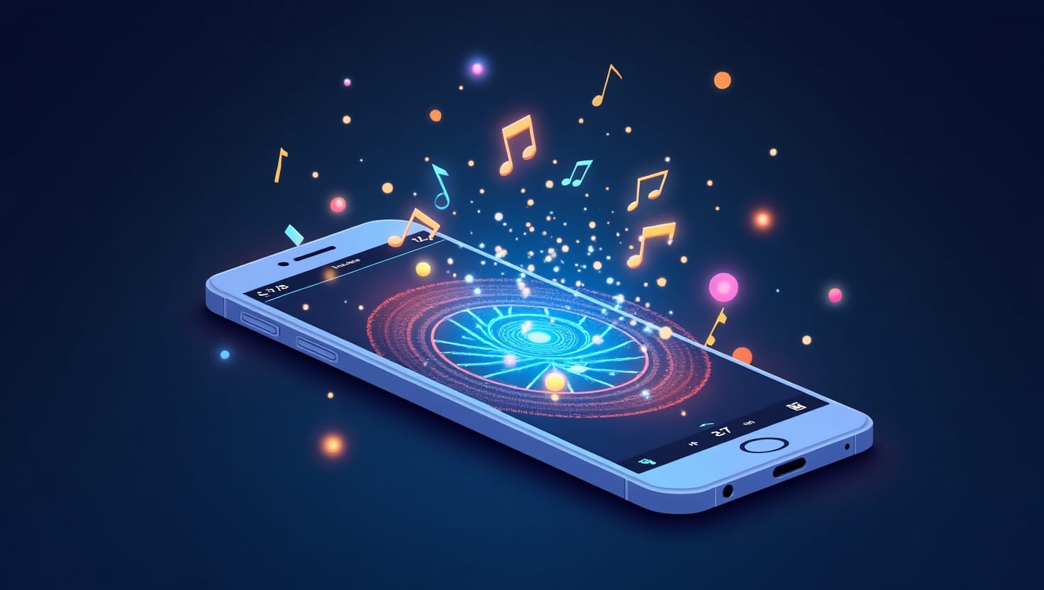 Illustration numérique moderne représentant une interface de smartphone affichant une Story musicale avec des paroles générées en temps réel, intégrant des éléments visuels dynamiques et lumineux qui évoquent la synchronisation musicale et l'intelligence artificielle, ambiance innovante et créative, style flat design épuré, avec une palette de couleurs inspirée de la marque VidForger (#54387D, #3E408D, #3C579D, #47C0B4, #58A17B, #80D07E, #A5DA6F, #E1A65F, #EFCA5E, #EBE263), orientation paysage adapté à une mise en contexte technologique et sociale engageante.