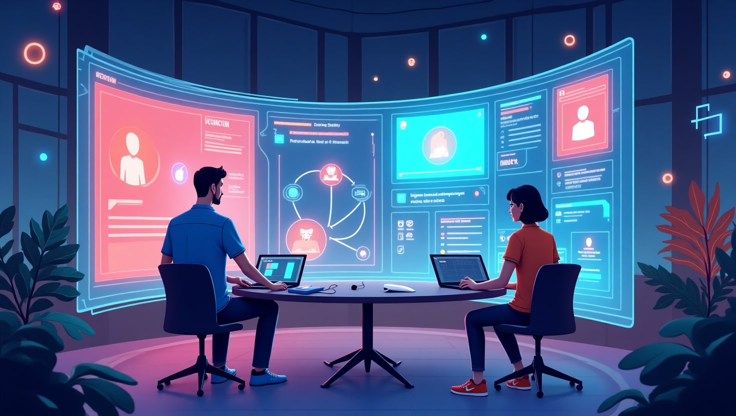 Comment réussir vos vidéos interactives et personnalisées avec l’IA en 2025 Illustration numérique représentant un créateur ou une équipe en train de concevoir une vidéo interactive dans un environnement futuriste et technologique, avec des écrans holographiques affichant des scénarios branching, des icônes interactives, et des éléments de personnalisation tels que des profils utilisateurs ou des options de choix. L'ambiance doit être dynamique, innovante et pédagogique, intégrant une palette de couleurs inspirée de la marque VidForger (#54387D, #3E408D, #3C579D, #47C0B4, #58A17B, #80D07E, #A5DA6F, #E1A65F, #EFCA5E, #EBE263), style illustration moderne, clair, avec une touche de futurisme et de créativité, pour illustrer un guide étape par étape sur la production de vidéos interactives personnalisées en 2025.