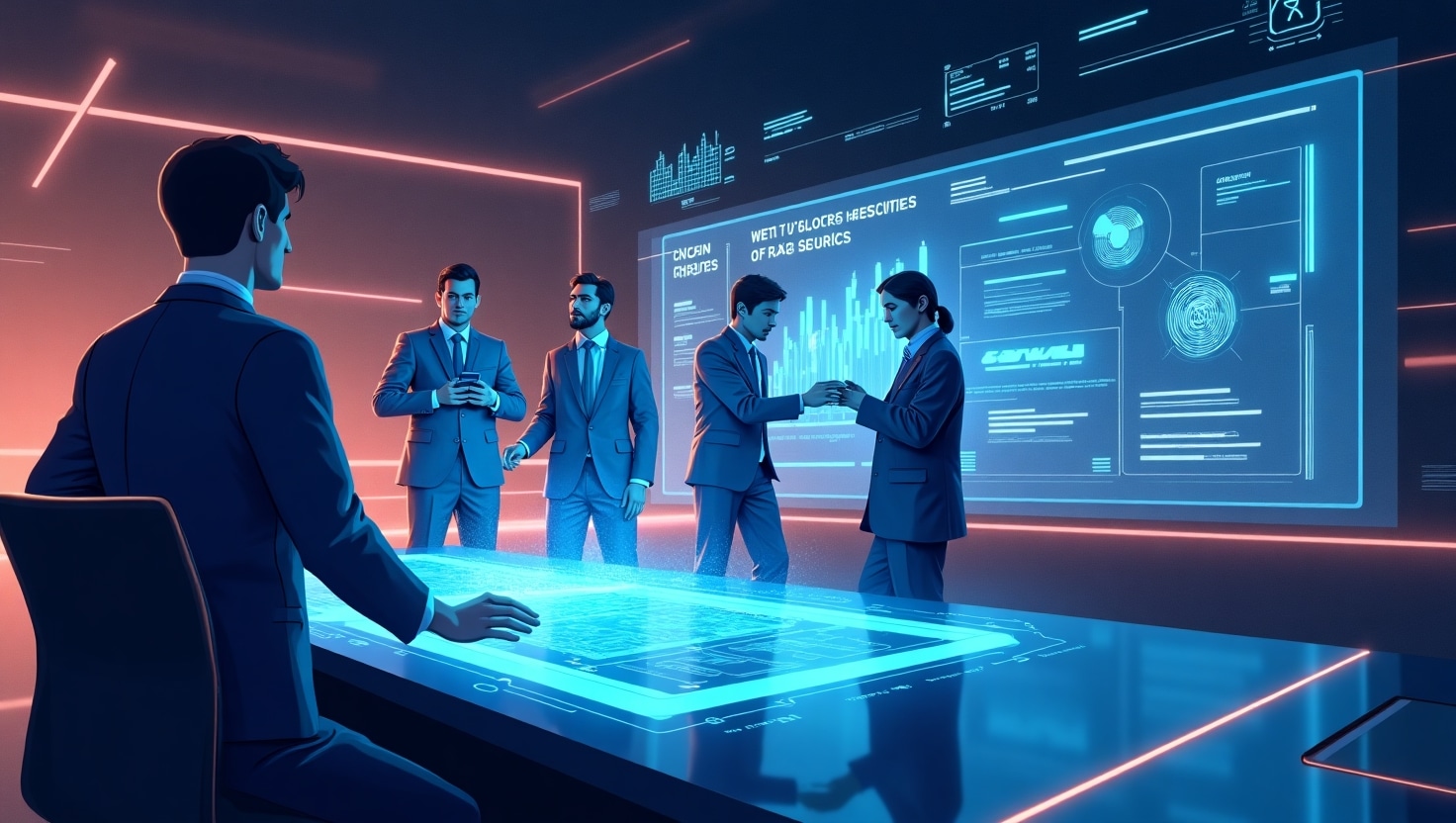 Meta lance Aura : l’IA vidéo qui révolutionne le journalisme en temps réel Une illustration futuriste et dynamique représentant un équipe de journalistes utilisant une interface holographique pour générer des vidéos en temps réel à partir de textes, avec des éléments visuels de flux d'informations, d'ondes sonores et d'animations numériques, ambiance innovante et professionnelle, style digital moderne, palette de couleurs inspirée de la marque VidForger (#54387D, #3E408D, #3C579D, #47C0B4, #58A17B, #80D07E, #A5DA6F, #E1A65F, #EFCA5E, #EBE263), format paysage.