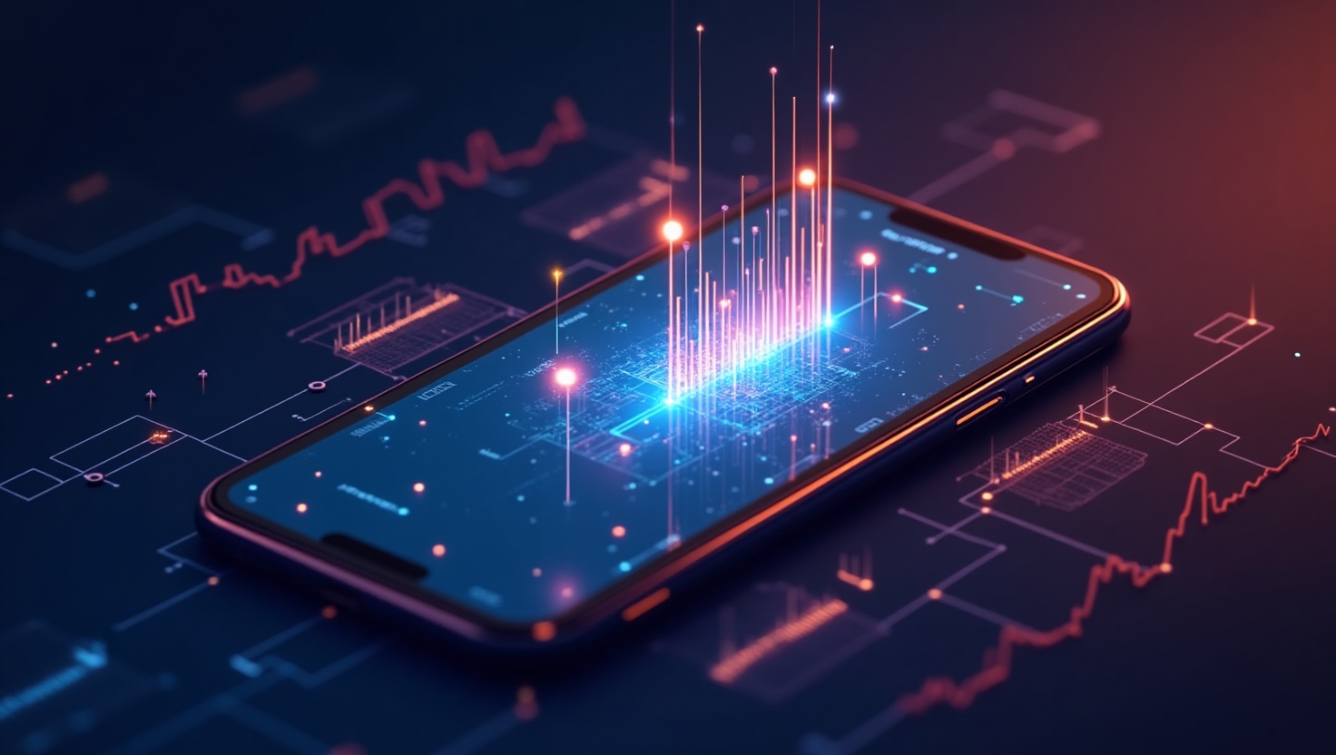 Snapchat révolutionne les Stories vidéos avec la synchronisation musicale IA Une illustration moderne en style digital et épuré représentant un smartphone affichant une interface de création vidéo avec des lignes de musique synchronisées en temps réel, entouré d'effets visuels dynamiques symbolisant la synchronisation automatique et l'intelligence artificielle, ambiance innovante et créative, palette de couleurs inspirée de la marque VidForger (#54387D, #3E408D, #3C579D, #47C0B4, #58A17B, #80D07E, #A5DA6F, #E1A65F, #EFCA5E, #EBE263), orientation paysage.