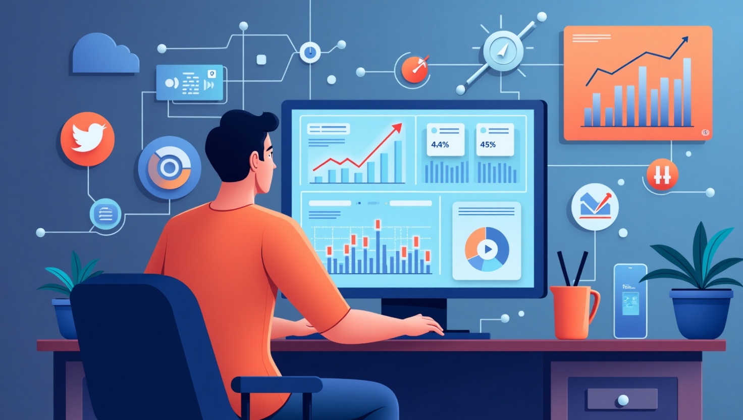 Une illustration moderne en style réaliste ou semi-réaliste représentant un créateur de contenu assis devant un ordinateur avec un écran affichant des graphiques, des tendances et des statistiques en temps réel, lors d'une diffusion vidéo. Autour, des éléments technologiques symbolisant l'intelligence artificielle, comme des circuits, des données numériques flottantes et des iconographies de Feedback et d'Analyse. L’ambiance doit évoquer la révolution technologique et la innovation stratégique pour les créateurs, avec une palette de couleurs inspirée de VidForger (#54387D, #3E408D, #3C579D, #47C0B4, #58A17B, #80D07E, #A5DA6F, #E1A65F, #EFCA5E, #EBE263). Style illustratif, clair, dynamique, adaptée à un public de créateurs et d’experts en technologie, format paysage.