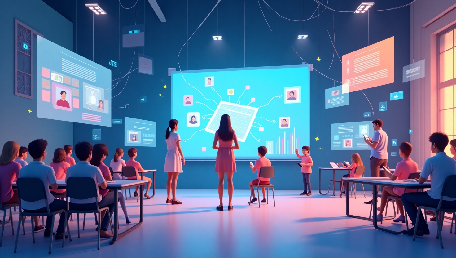 Une illustration moderne et captivante représentant une plateforme d'apprentissage numérique intégrée à une interface de vidéo IA, avec des éléments visuels futuristes tels que des hologrammes éducatifs, des avatars animés en 3D, et des flux de données symbolisant la personnalisation et l'automatisation. L'ambiance doit être innovante, inspirante et professionnelle, avec une atmosphère chaleureuse adaptée à l'éducation et à la technologie. La scène doit montrer des jeunes et des éducateurs interagissant avec ces contenus interactifs, dans un environnement digital immersif. Utiliser une palette de couleurs inspirée de la marque VidForger (#54387D, #3E408D, #3C579D, #47C0B4, #58A17B, #80D07E, #A5DA6F, #E1A65F, #EFCA5E, #EBE263). Style graphique : illustration 3D semi-réaliste, dynamique et moderne, format paysage.