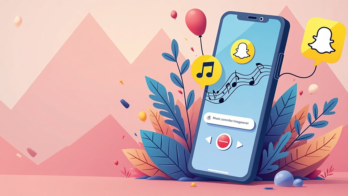 Une illustration moderne et dynamique représentant un smartphone affichant une interface Snapchat en plein processus d'ajout de musique personnalisée dans une story, avec des éléments visuels évoquant la créativité sonore comme des notes musicales, des ondes sonores et des options de création, dans un style flat design coloré. La scène est entourée d’élements abstraits symbolisant la liberté d’expression et l’innovation, avec une ambiance inspirante et innovante. La palette de couleurs s'inspire des tons de la marque, notamment #54387D, #3E408D, #3C579D, #47C0B4, #58A17B, #80D07E, #A5DA6F, #E1A65F, #EFCA5E, #EBE263, pour renforcer la cohérence visuelle.