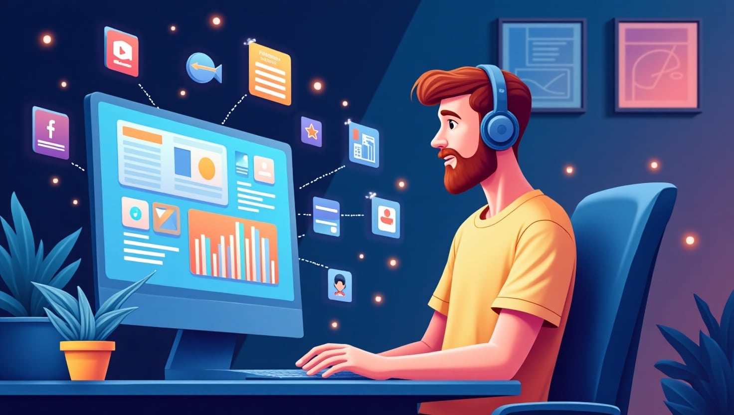 Une illustration moderne et dynamique représentant un créateur ou un podcasteur seul devant un ordinateur avec un écran affichant des éléments de montage vidéo automatisé, des formes abstraites de génération visuelle IA, et des symboles de diffusion sur plusieurs plateformes, dans un style infographique ou digital art. L’ambiance doit évoquer l’innovation, l’efficacité et la technologie de pointe de 2025, avec une palette inspirée des couleurs #54387D, #3E408D, #3C579D, #47C0B4, #58A17B, #80D07E, #A5DA6F, #E1A65F, #EFCA5E, #EBE263. L’image doit souligner l’aspect automatisé, humain et accessible, adaptée à un contexte professionnel et créatif, en format carré ou paysage selon le besoin.