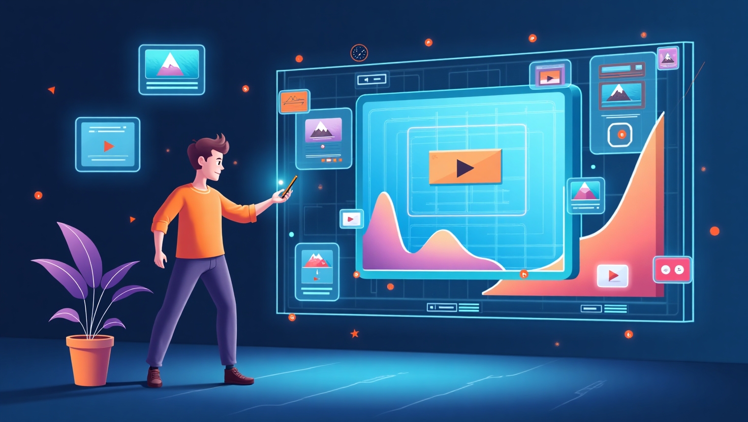 LLM et IA vidéo : comment l’analyse intelligente transforme storytelling et engagement Une illustration moderne et dynamique représentant un montage multimédia avec des éléments de vidéo, de texte et d'interactions numériques, intégrant des symboles d'analyse intelligente comme des graphiques, des vagues de données ou des interfaces d'IA, dans un style épuré et futuriste. La scène montre un créateur ou un narrateur devant un écran ou un hologramme interactif, avec des éléments visuels illustrant la personnalisation et l'adaptation du storytelling, tels que des icônes de recommandes, de commentaires et de scènes vidéo clés. L'ambiance doit évoquer la innovation, la transformation numérique et l’avenir de la création vidéo, dans une palette de couleurs inspirée de la marque VidForger (#54387D, #3E408D, #3C579D, #47C0B4, #58A17B, #80D07E, #A5DA6F, #E1A65F, #EFCA5E, #EBE263), en style illustration moderne, claire et inspirante.