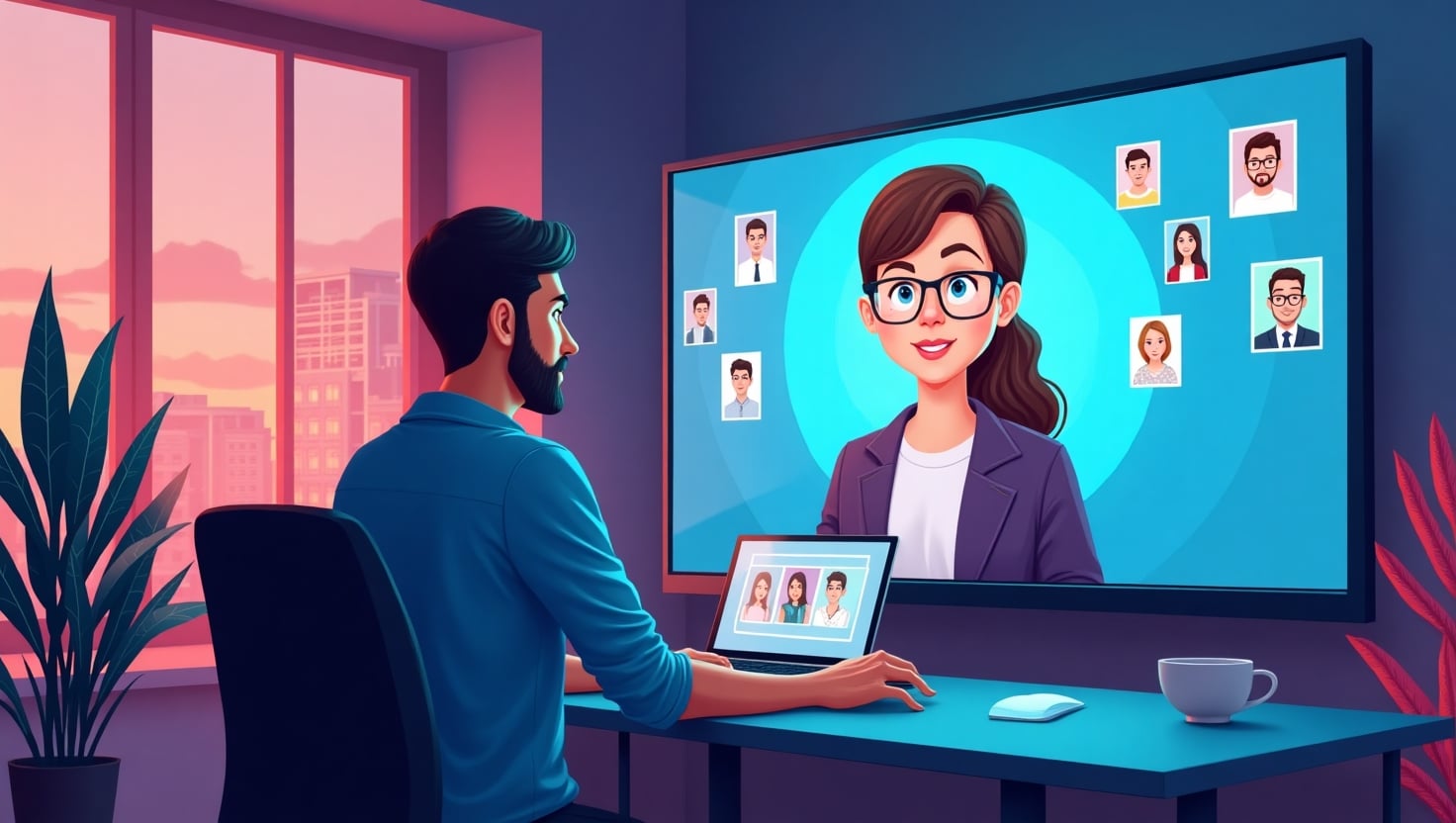 Une illustration moderne et dynamique représentant un créateur de contenu en train d'utiliser un avatar numérique animé sur un grand écran, avec des éléments visuels illustrant la personnalisation avancée d'un double digital (visages, accessoires, styles variés), dans un studio virtuel futuriste avec des lumières colorées inspirées de la palette VidForger (#54387D, #3E408D, #3C579D, #47C0B4, #58A17B, #80D07E, #A5DA6F, #E1A65F, #EFCA5E, #EBE263), ambiance innovante et professionnelle, style digital illustration moderne, au format paysage, évoquant la révolution technologique dans la création d'identité et l'engagement sur YouTube.