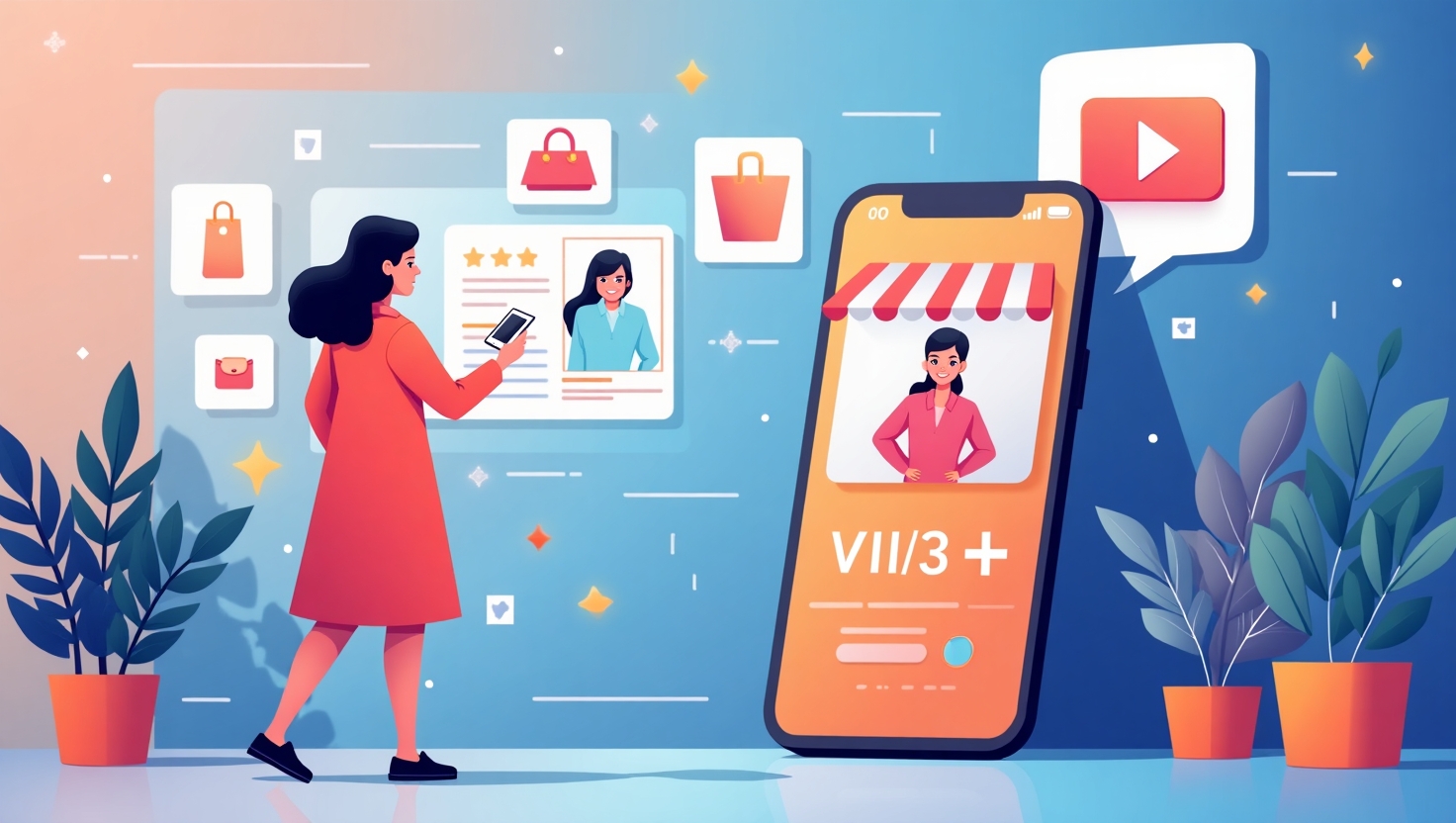 La montée des vidéos shoppables IA : quand la vidéo devient boutique Une illustration moderne et dynamique représentant une scène de shopping digital immersive où un créateur de contenu ou une influenceuse apparaît en train de présenter une vidéo interactive sur un smartphone ou un écran géant, avec des éléments visuels flottants illustrant des produits cliquables et des recommandations IA, entourée d'une ambiance technologique et innovante. Le style doit être contemporain, flat design avec des couleurs vives et inspirantes inspirées de la palette VidForger (#54387D, #3E408D, #3C579D, #47C0B4, #58A17B, #80D07E, #A5DA6F, #E1A65F, #EFCA5E, #EBE263), mettant en valeur l’interactivité, la fluidité et la transformation digitale dans un contexte de commerce vidéo futuriste. Format carré.