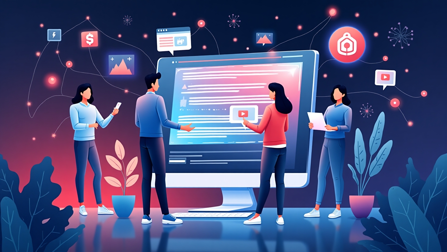 Une illustration moderne et dynamique représentant une interface d’outil publicitaire high-tech avec des éléments graphiques symbolisant l’intelligence artificielle et l’automatisation, comme des engrenages, des graphiques en croissance, et des réseaux neuronaux, intégrée dans un univers numérique coloré utilisant la palette VidForger (#54387D, #3E408D, #3C579D, #47C0B4, #58A17B, #80D07E, #A5DA6F, #E1A65F, #EFCA5E, #EBE263), ambiance innovante et professionnelle, avec des silhouettes stylisées de jeunes utilisateurs recevant des vidéos promotionnelles dans leur messagerie, style illustration numérique épurée et moderne.