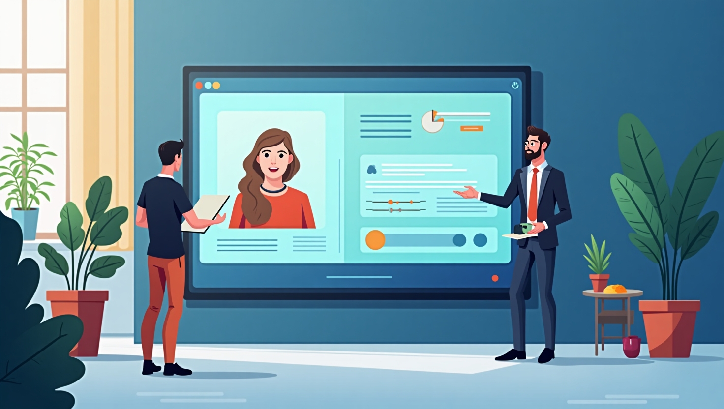 Une illustration moderne et pédagogique représentant une scène où un professionnel configure une interface de personnalisation vidéo IA sur un grand écran numérique. Autour, des éléments visuels symbolisant la diversité des audiences, la cohérence narrative, et des mécanismes de contrôle comme des sliders ou des icônes de feedback. L’atmosphère doit être équilibrée, inspirante, avec une palette de couleurs harmonieuse utilisant principalement des nuances inspirées de la marque avec du bleu profond, du vert vif, et des accents chauds. Style graphique clair, illustratif ou minimaliste, mettant en avant l’idée d’un contrôle précis et intelligent de la personnalisation, dans un contexte professionnel et éducatif, en format carré.