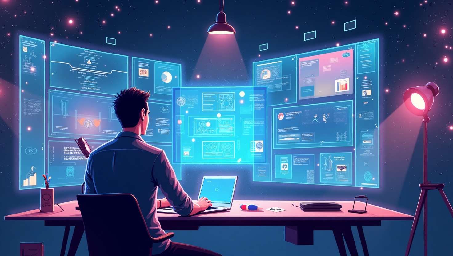 Créativité assistée : comment l’IA réinvente le storytelling vidéo Une image illustrative moderne et dynamique représentant un créateur de contenu travaillant sur une scène vidéo innovante intégrant des éléments multimodaux, avec des écrans holographiques affichant des scripts, des dialogues, des images et des interfaces interactives. L’ambiance doit évoquer l’innovation numérique et la créativité futuriste, avec une palette de couleurs inspirée de la marque VidForger (#54387D, #3E408D, #3C579D, #47C0B4, #58A17B, #80D07E, #A5DA6F, #E1A65F, #EFCA5E, #EBE263), style illustration moderne et épurée, mettant en avant la notion d’expérimentation créative dans le storytelling vidéo en 2025, format paysage.